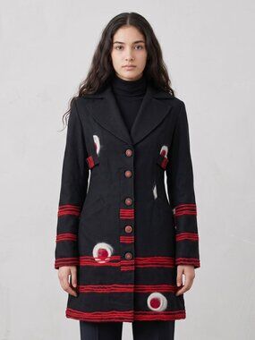 SAVE THE QUEEN COAT WOOL BLEND RED EMBROIDERED ART DESIGN LONG JACKET S SMALL